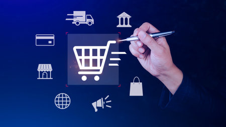 Shopping Online. hand touching online shopping with virtual graphic icon diagram, payment online, digital marketing, business finance, internet network technology concept.の写真素材