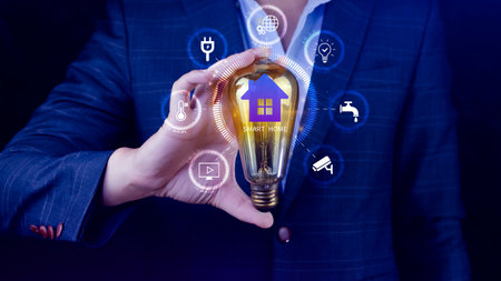 Smart home technology, User touches virtual screen manage smart home features including security, lighting, temperature, Smart home and Iot concept.の写真素材