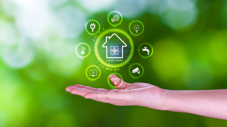 Smart home technology, User touches virtual screen manage smart home features including security, lighting, temperature, Smart home and Iot concept.の写真素材