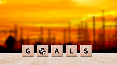 Target concept, objective, virtual target board and rising arrows screen printed on wooden cubes. set goals for business success.の写真素材
