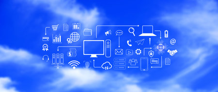 Technology equipment and line interface icons, Computer system resources and data storage, Cloud...