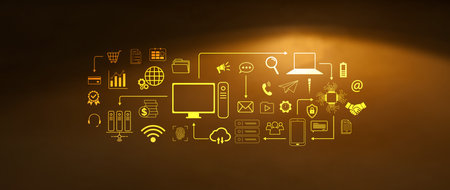 Technology equipment and line interface icons, Computer system resources and data storage, Cloud...