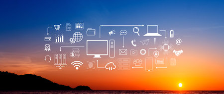 Technology equipment and line interface icons, Computer system resources and data storage, Cloud...