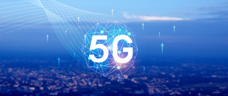 5G network concept for background, holographic digital globe with interconnected 5G symbols, 5G technology in modern business and communication, digital transformation.の写真素材