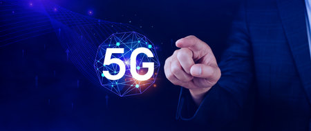 5G network concept, Business using with holographic digital globe with interconnected 5G symbols, 5G technology in modern business and communication, digital transformation.の写真素材