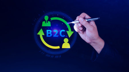 B2C, Business to customer marketing strategy concept. Businessman touching with virtual B2C icon for...