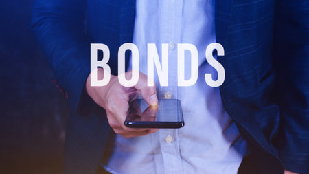Businessman clicks bonds virtual screen. Bond Finance Banking Technology concept, Trade Market Network, bond security that indicates the investor has provided loan the issuer, Equivalent loan, Unsecured and secured bonds.の写真素材
