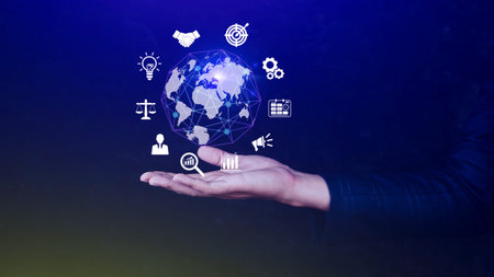 Businessman holding virtual Global Internet connection metaverse. Business global internet...