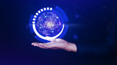 Businessman touching Global network connection icon, Big data analytics and business intelligence concept, World map point and line composition concept of global business, Digital link techの写真素材