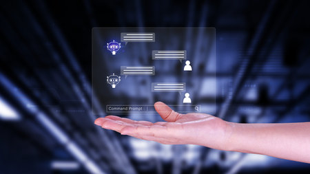 Businessman using for digital chatbot, robot application, conversation assistant, AI Artificial...
