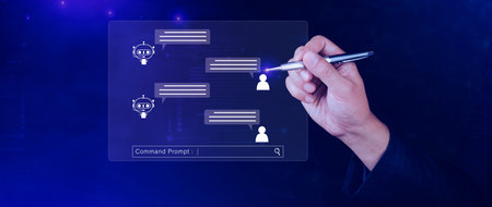 Businessman using for digital chatbot, robot application, conversation assistant, AI Artificial...