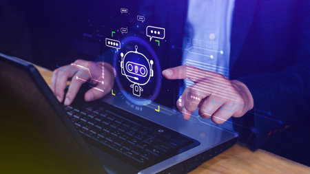 Businessman using for digital chatbot, robot application, conversation assistant, AI Artificial...