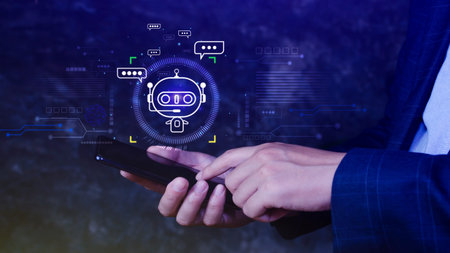 Businessman using smartphone for digital chatbot, robot application, conversation assistant, AI...