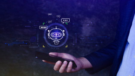 Businessman using smartphone for digital chatbot, robot application, conversation assistant, AI...