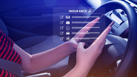 Concept Online Insurance, insurance and assurance icons including family health real estate car and...
