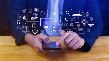Businessman using technology equipment and line interface icons, Computer system resources and data...