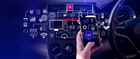 Businessman using technology equipment and line interface icons, Computer system resources and data storage, Cloud service technology marketing and business concept.の写真素材