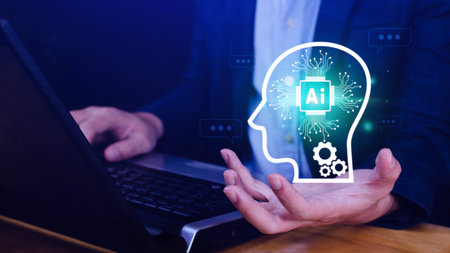 ChatGPT Chat with AI or Artificial Intelligence, using touch AI icon on virtual screen, robot...