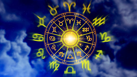 Concept of astrology and horoscope, person inside a zodiac sign wheel, Astrological zodiac signs inside of horoscope circle, Astrology, knowledge of stars in the sky, power of the universe concept.の写真素材