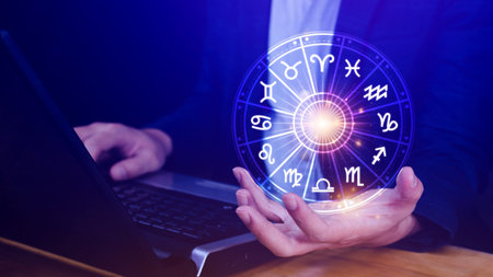 Concept of astrology and horoscope, person inside a zodiac sign wheel, Astrological zodiac signs...