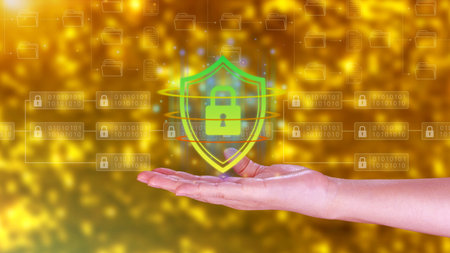 Computer network protection, secure and safe your data concept, businessman holding shield...