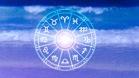 Concept of astrology and horoscope, person inside a zodiac sign wheel, Astrological zodiac signs inside of horoscope circle, Astrology, knowledge of stars in the sky, power of the universe concept.の写真素材