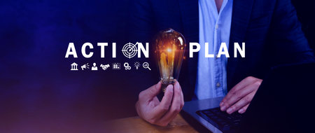 Action plan concept, Business and marketing, objective, strategy, Plan and implementation, action plan icon on virtual screen for Strategic, Vision, Planning and Direction.の写真素材