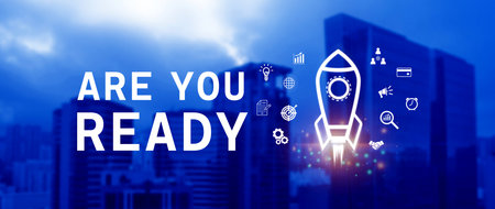 Are you ready business concept, Startup business support, motivation and get ready, rocket launching and flying sky for growing business, fast business success, idea generation, digital marketing success.の写真素材
