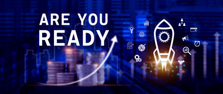 Are you ready business concept, Startup business support, motivation and get ready, rocket launching and flying sky for growing business, fast business success, idea generation, digital marketing success.の写真素材