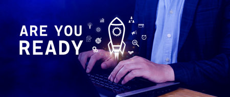 Are you ready business concept, Startup business support, motivation and get ready, rocket launching and flying sky for growing business, fast business success, idea generation, digital marketing success.の写真素材