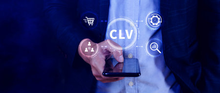 CLV, Customer lifetime value concept, Increasing CLV marketing strategy planning, measure of average customer revenue generated over their entire relationship with company.の写真素材