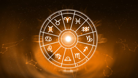 Concept of astrology and horoscope, person inside a zodiac sign wheel, Astrological zodiac signs inside of horoscope circle, Astrology, knowledge of stars in the sky, power of universe concept.の写真素材