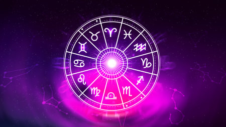 Concept of astrology and horoscope, person inside a zodiac sign wheel, Astrological zodiac signs inside of horoscope circle, Astrology, knowledge of stars in the sky, power of universe concept.の写真素材