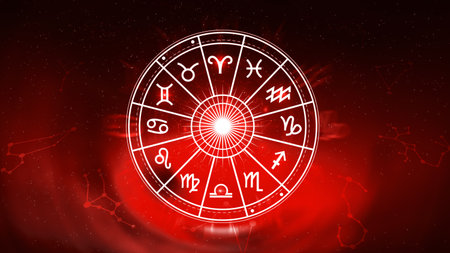 Concept of astrology and horoscope, person inside a zodiac sign wheel, Astrological zodiac signs inside of horoscope circle, Astrology, knowledge of stars in the sky, power of universe concept.の写真素材