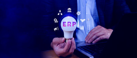 ERP Concept, Enterprise resource planning concept, analyzing ERP system on virtual screen, Connections between business intelligence, HR and CRM modules.の写真素材