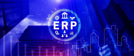 ERP Concept, Enterprise resource planning concept, analyzing ERP system on virtual screen, Connections between business intelligence, HR and CRM modules.の写真素材