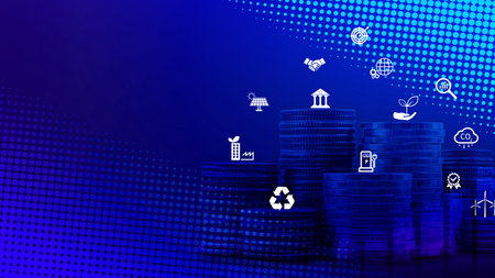 ESG concept, Investment Ideas Business Growth. Stack of coins with digital graph, Green business growth. Finance sustainable development. Investing in renewable energy crucial for future.の写真素材