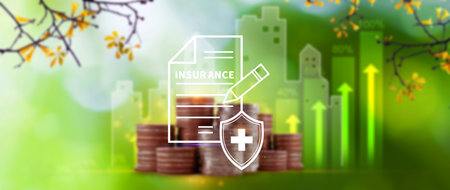 Insurance concept, medical coverage planning, hospital payments, representing different types of insurance such as health, home, car, travel, and policy management.の写真素材