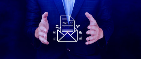 Invoice and online digital statements concept, using touch with invoice icons on virtual screen, Financial report and bank management with online payment concept E.invoice invoice.の写真素材