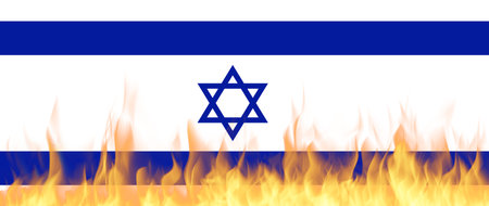 Israel national flag on Fire, Conflict between countries, deterioration of diplomatic relations. Confliction and crisis concept.の写真素材
