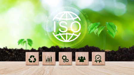 ISO standards quality control, wooden cubes with ISO standards quality control concept, assurance warranty, ISO standards quality control, assurance and warranty business technology concept.の写真素材