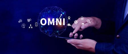 Omni Channel marketing Concept, Digital representation of OMNI CHANNEL marketing, e-commerce, delivery, social media marketing, analytics, customer service engagement.の写真素材