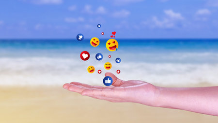 People using social media and online digital concept, Businessman using  sending emojis with social...