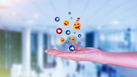 People using social media and online digital concept, Businessman using  sending emojis with social...