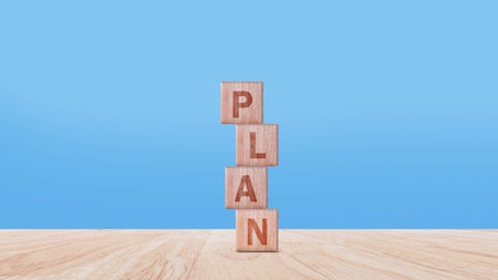 Plan concept, Business and marketing, objective, strategy, Plan and implementation, action plan icon on wooden cube blocks for Strategic, Vision, Planning and Direction.の写真素材