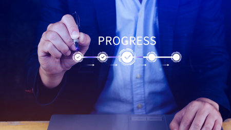 Progress concept, touching to tick correct mark in checklist with progressive loading status remind work task progressive for project develop management and tracking concept.の写真素材