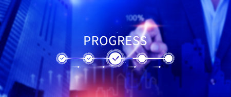 Progress concept, touching to tick correct mark in checklist with progressive loading status remind work task progressive for project develop management and tracking concept.の写真素材