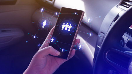 Human resources, HR management, employment, headhunting concept, Businessman pressing modern social buttons on smartphone virtual background.の写真素材