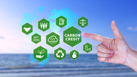 Green energy, Carbon credit market concept, Businessman pointing Carbon credit icon, Net zero, Green...
