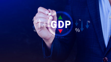 GDP business concept, GDP Gross Domestic Product Gross Domestic Product GDP improvement concept, Arrow and charts, Business growth measure for size of economy compiled for country.の写真素材